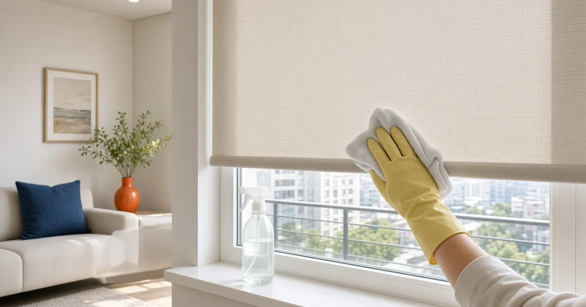 Eldivenli el, pencere önündeki bej stor perdeyi mikrofiber bezle siliyor